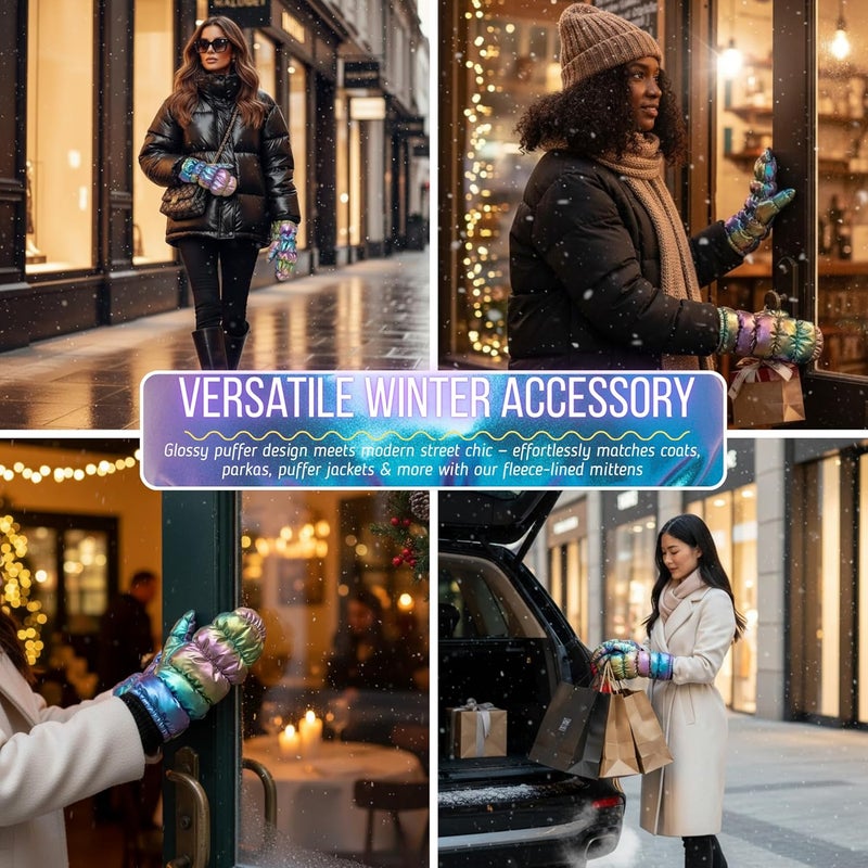 Funky Junque Women's Fleece Lined Puffer Mittens Gloves, Cold Weather Accessory for Ice Skating, Shiny Metallic Knit Cuff - Image 5